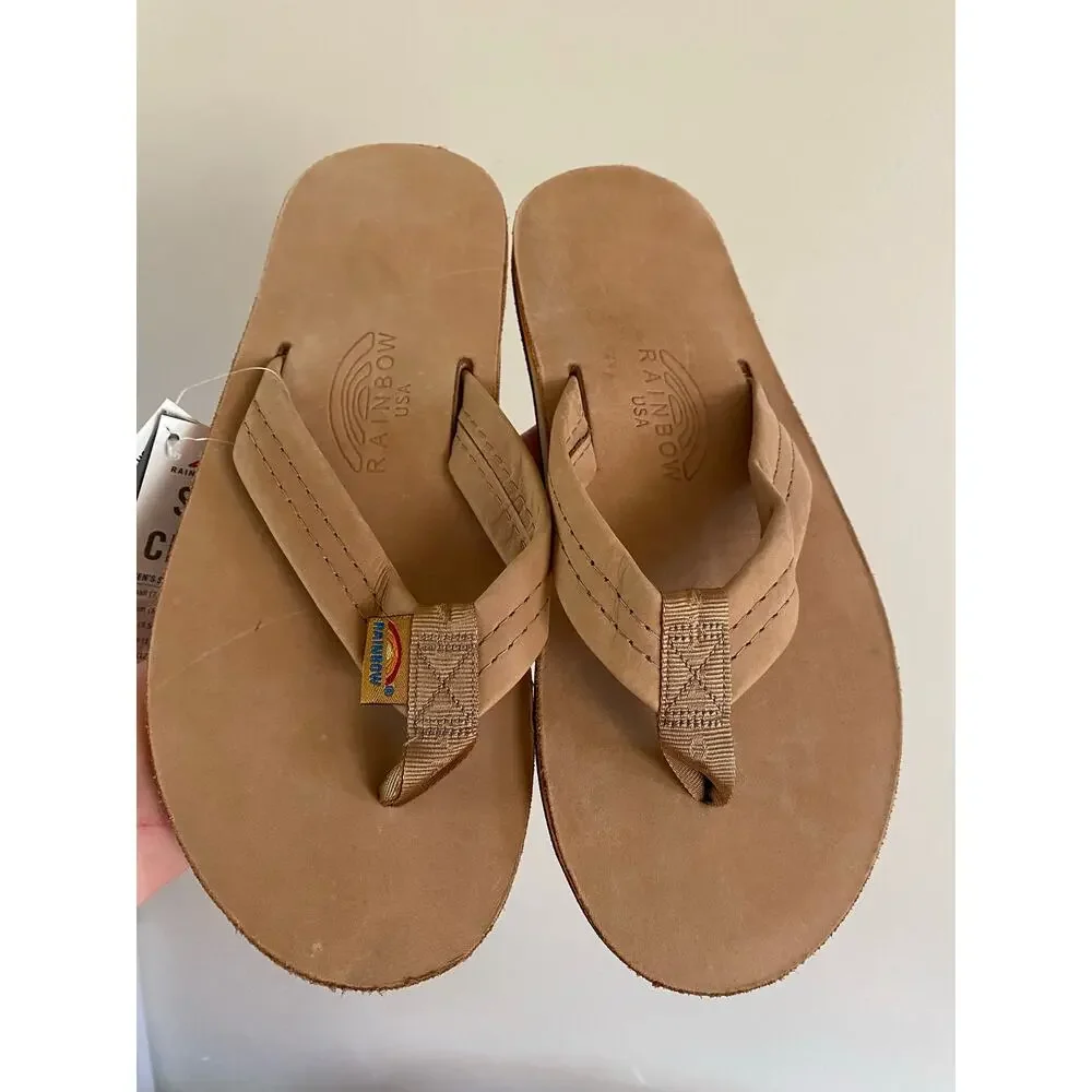 NWT Rainbow Mens Single Layer Premier Leather Sandals Tan/Red Orange Yellow L